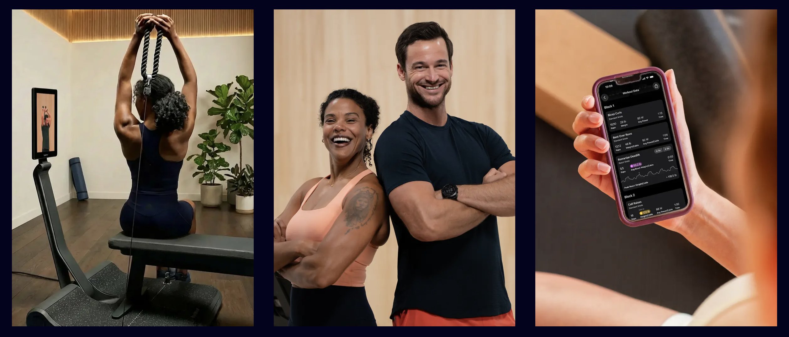Lyquid lifestyle triptych: a member doing a rope pulldown, two members posing back to back, and the Workout Data summary screen