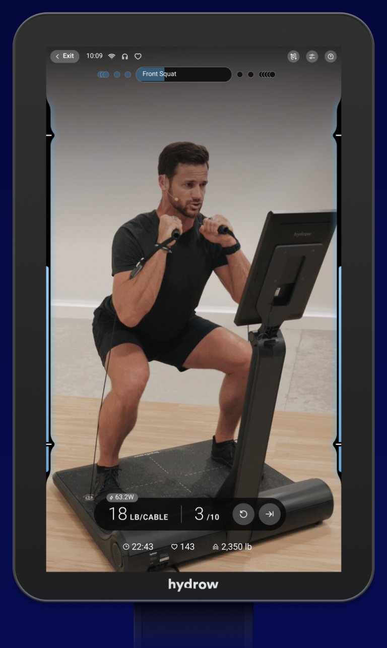 Lyquid on-device screen mid-set on Front Squat, showing live load in lb per cable