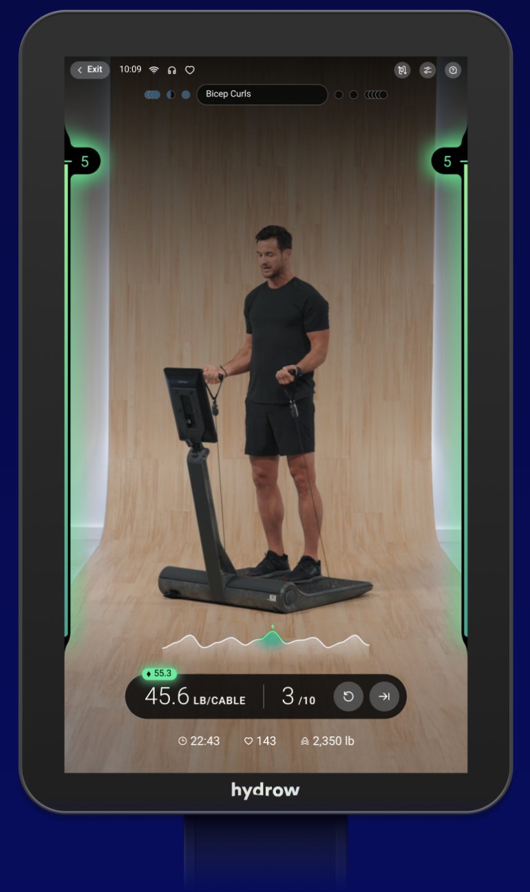 Lyquid on-device screen mid-set on Bicep Curls in React Mode, showing the live reactive-resistance power curve