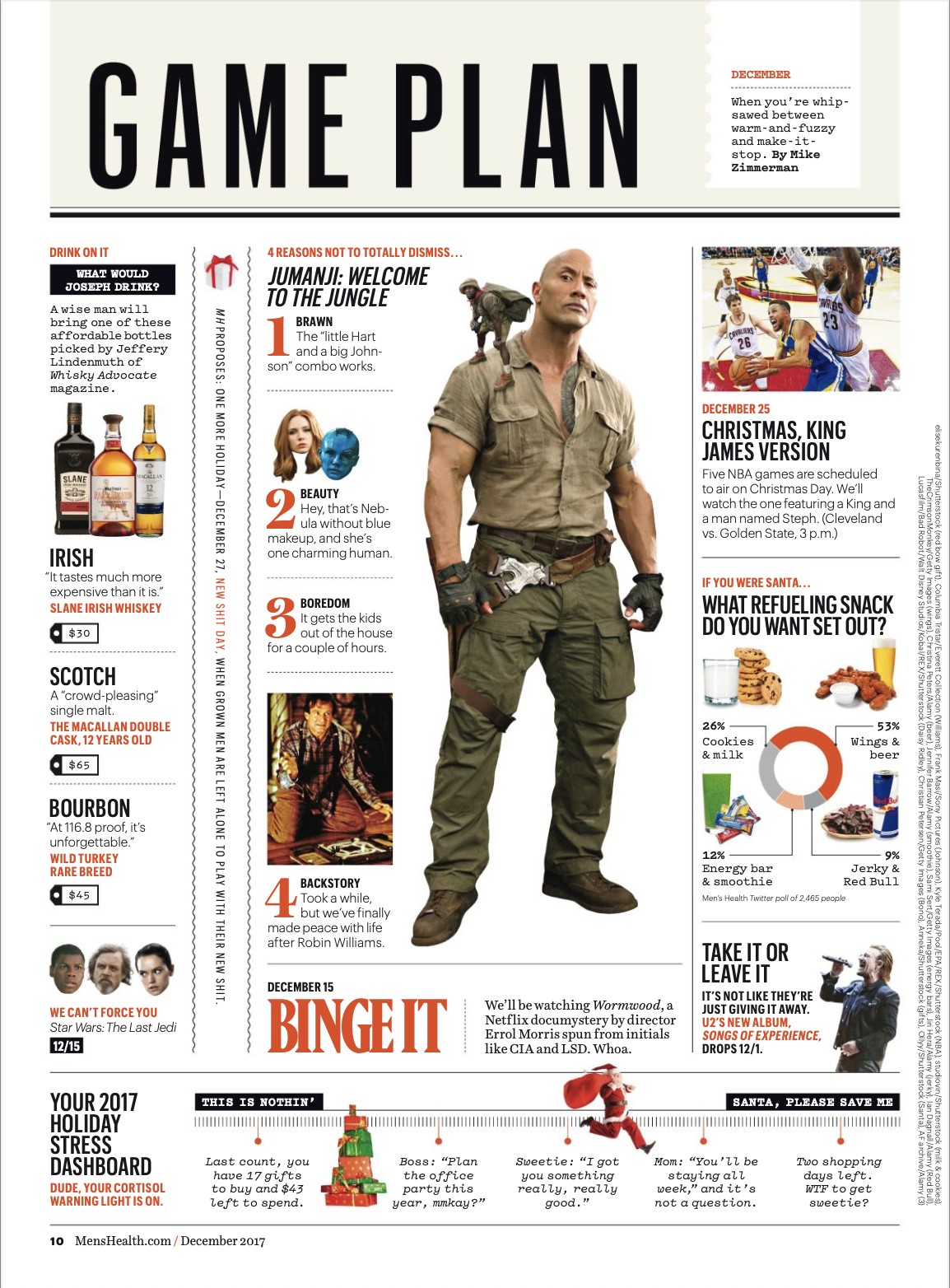 Men's Health Game Plan spread, a Jumanji cover-tie feature