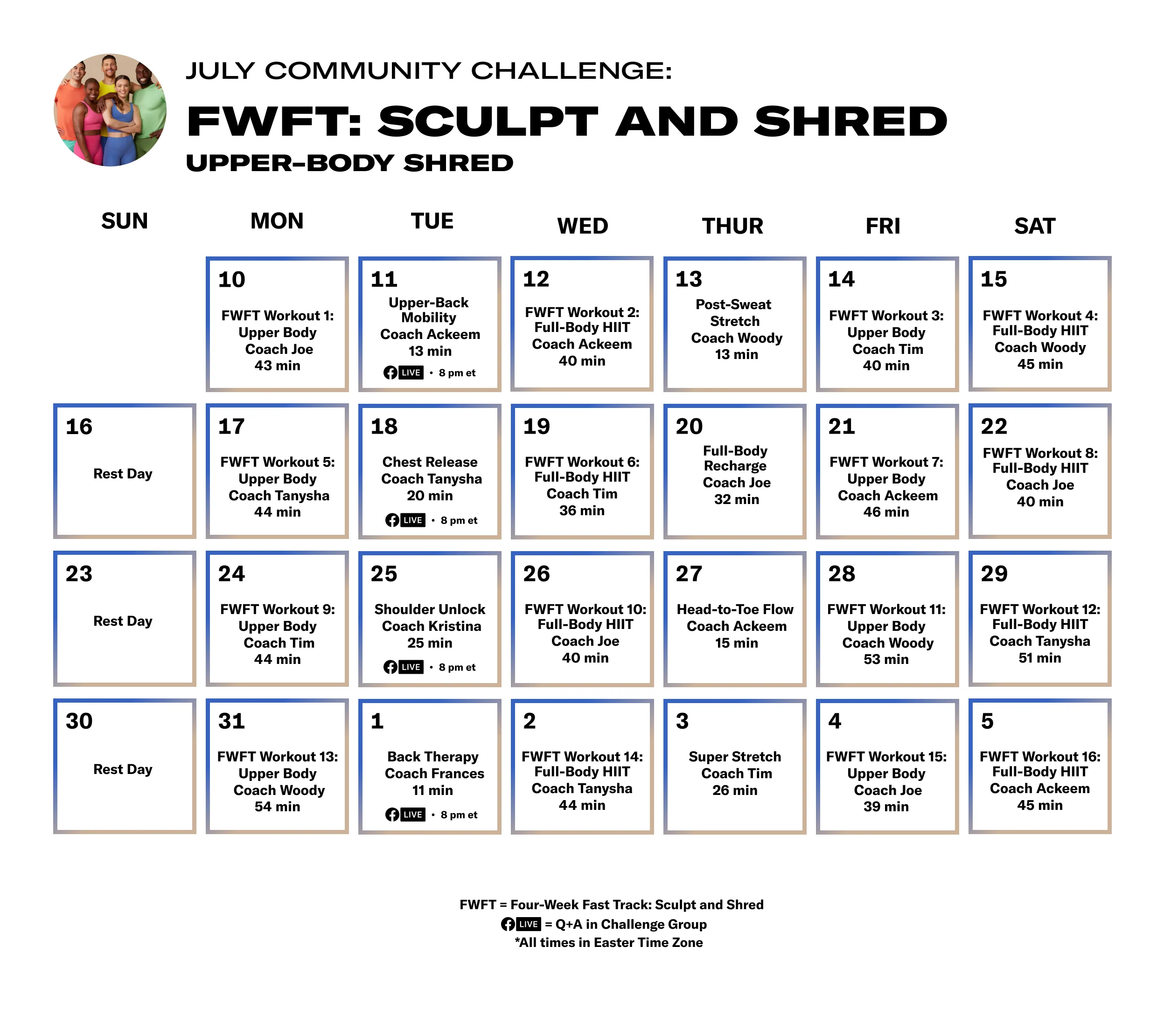 Four-Week Fast Track Upper-Body Shred community challenge calendar