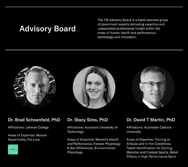 Tonal Strength Institute Advisory Board slide featuring Dr. Brad Schoenfeld, Dr. Stacy Sims, and Dr. David T. Martin