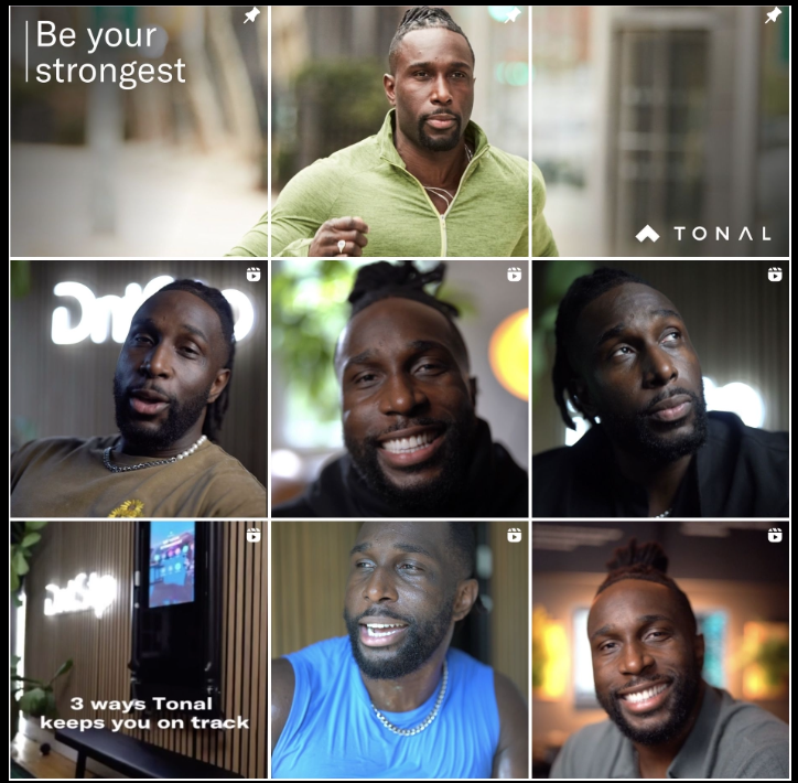 Grid of Tonal talent content, including the Be Your Strongest campaign