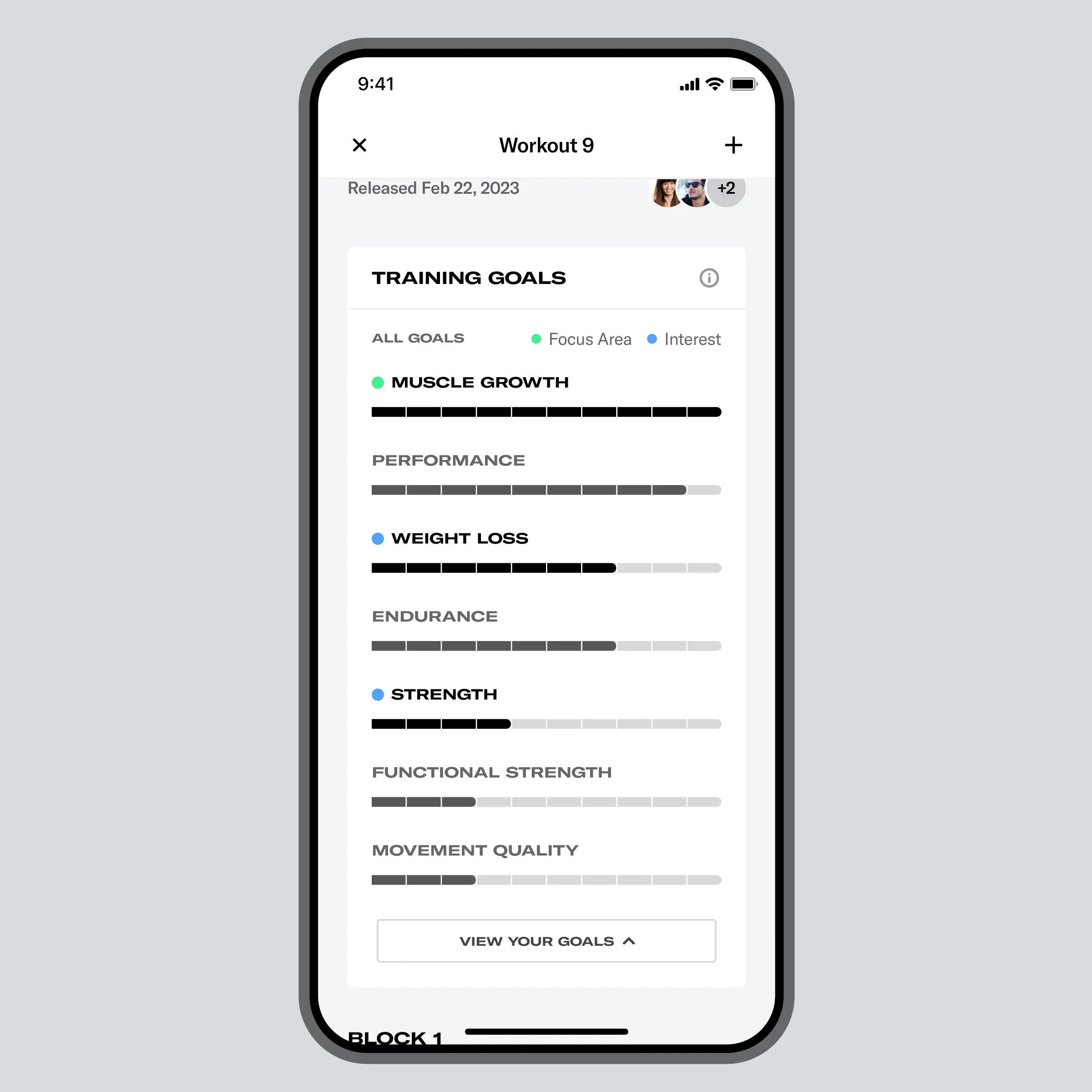 Tonal mobile app Training Goals screen showing progress bars across muscle growth, performance, weight loss, and endurance