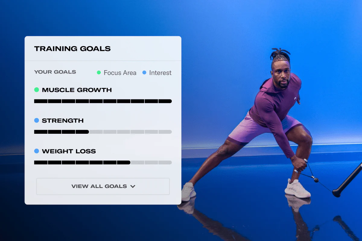 Tonal member training with a Training Goals scorecard overlaid, showing muscle growth, strength, and weight loss progress
